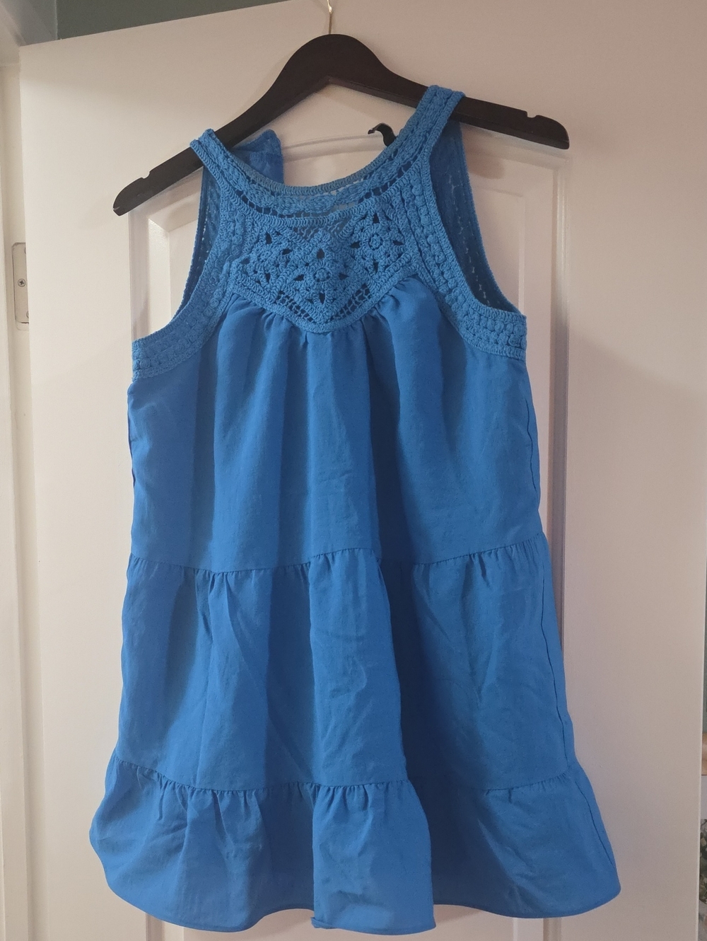 Women’s Blue Crochet Yoke Sleeveless Blouse